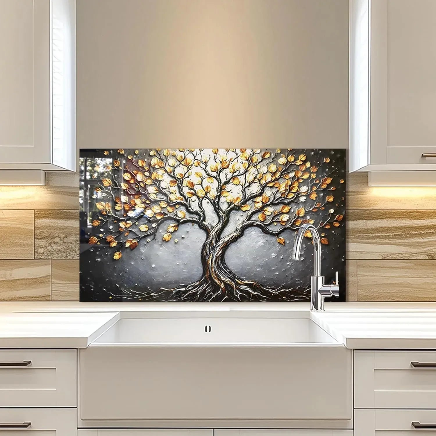 Tempered glass backsplash featuring Tree of Life design installed above farmhouse sink