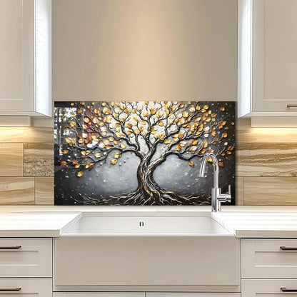 Tempered glass backsplash featuring Tree of Life design installed above farmhouse sink