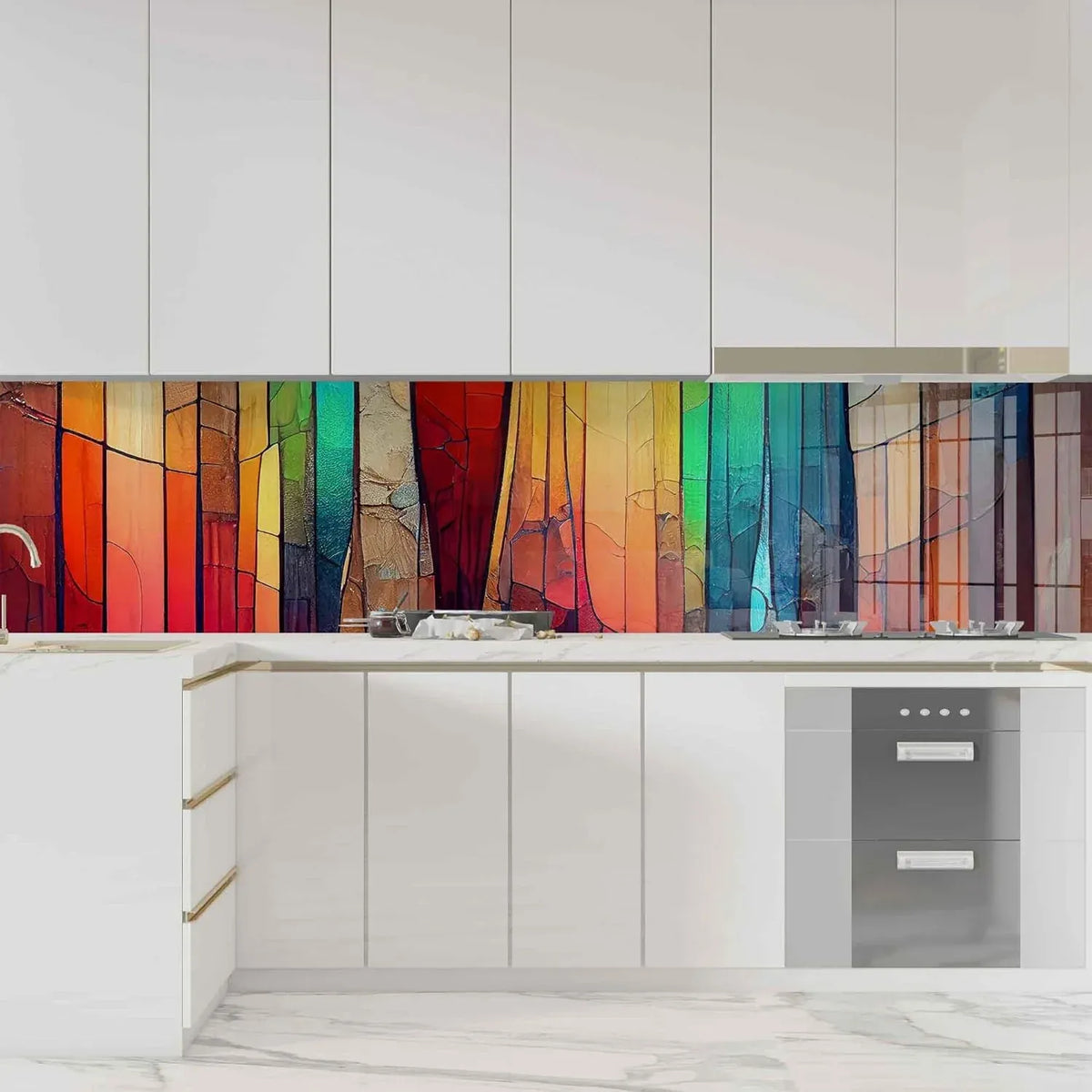 Colorful Tempered Glass Kitchen Backsplash In Modern White Kitchen - Unique Zone