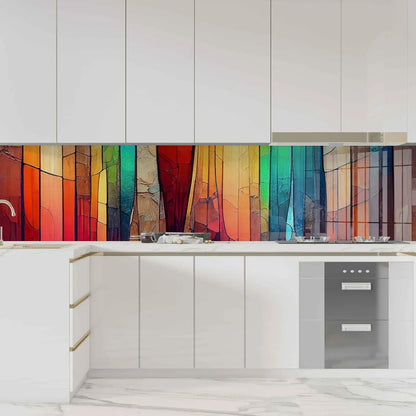 Colorful Tempered Glass Kitchen Backsplash In Modern White Kitchen - Unique Zone