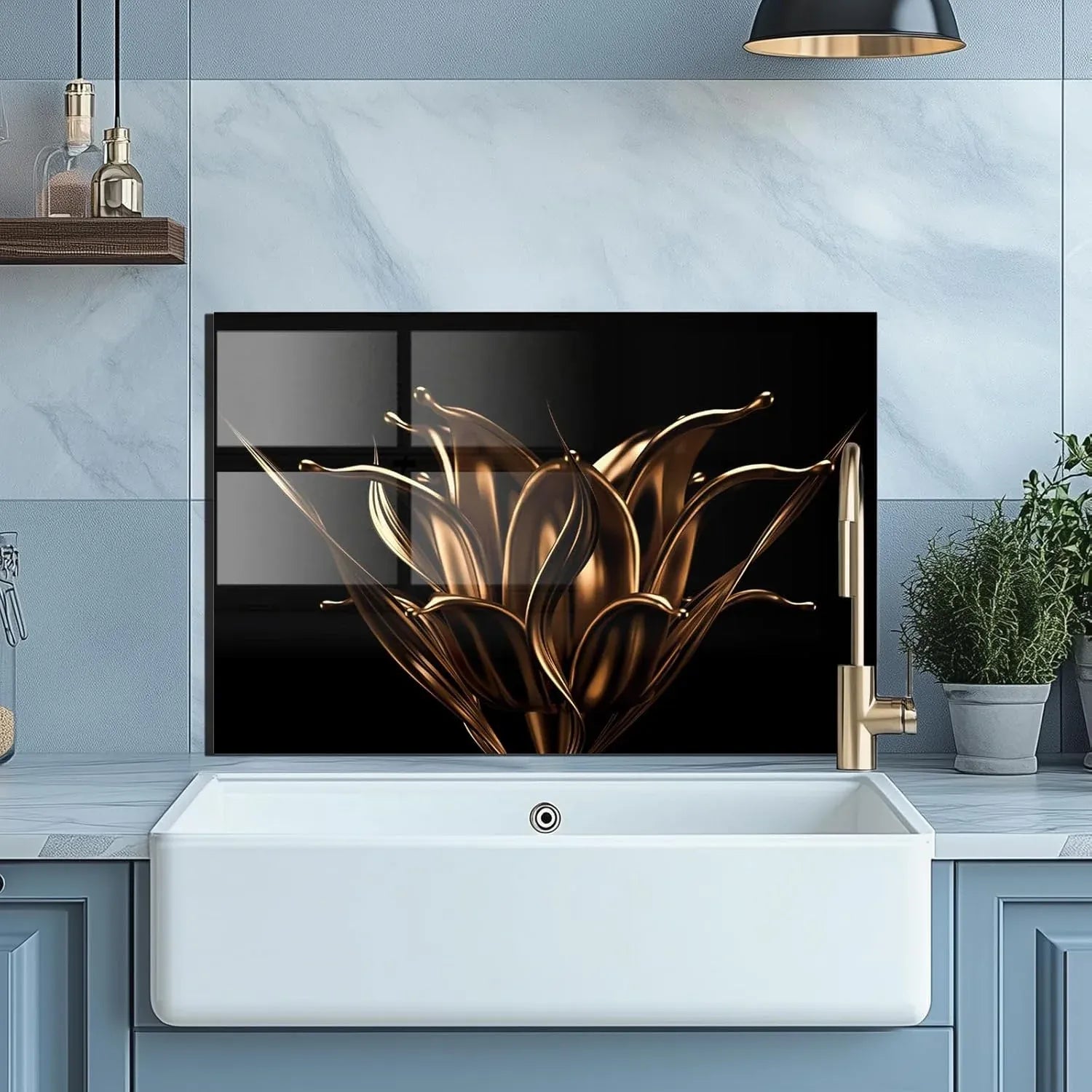 Golden Flowers Tempered Glass Kitchen Backsplash Sink Decor