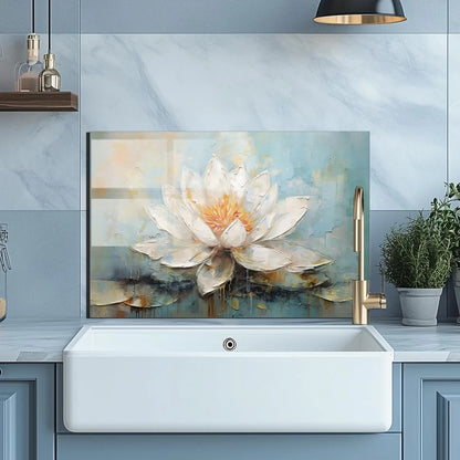 Pure White Lotus - Tempered Glass Backsplash for Kitchen