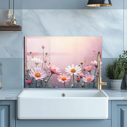 Pale Pink Daisy - Tempered Glass Backsplash for Kitchen