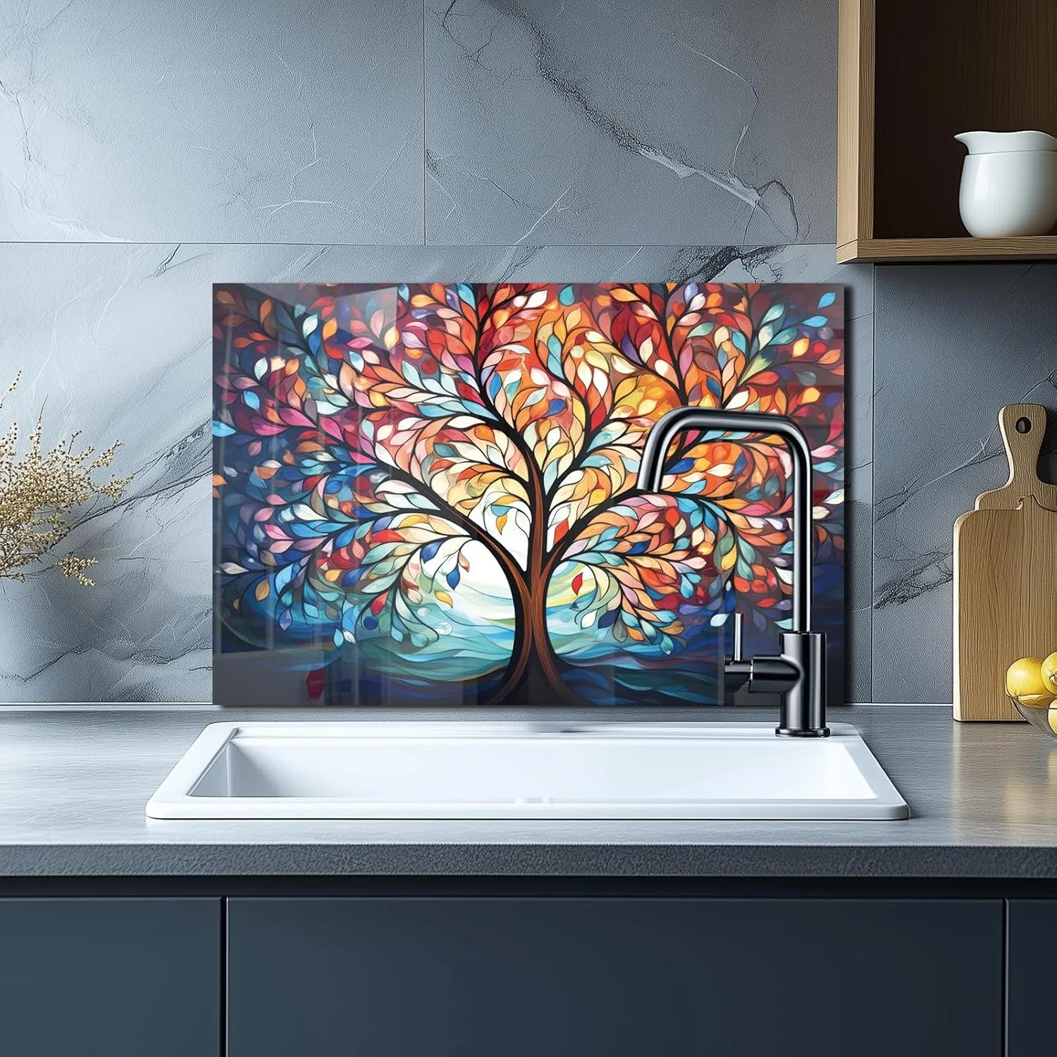 Tempered glass tree of life kitchen backsplash behind sink area