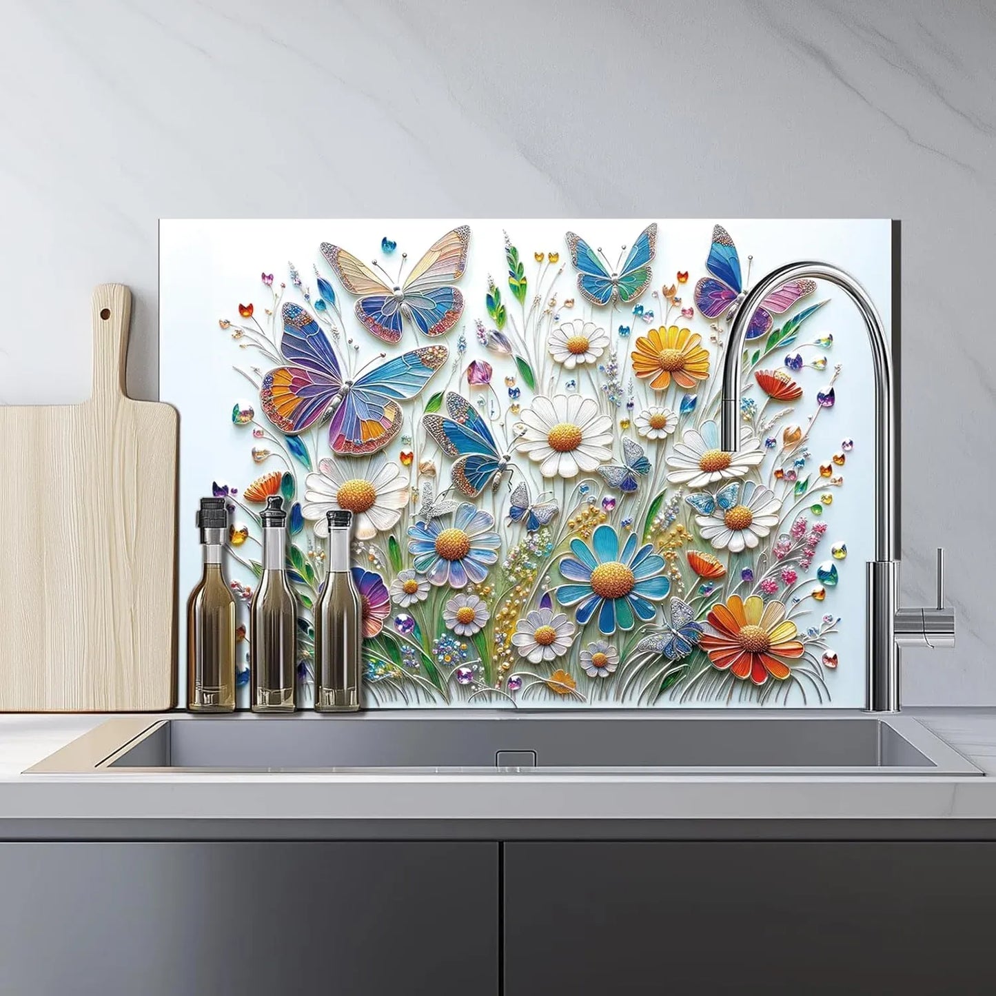 Butterfly and flower tempered glass backsplash behind kitchen sink