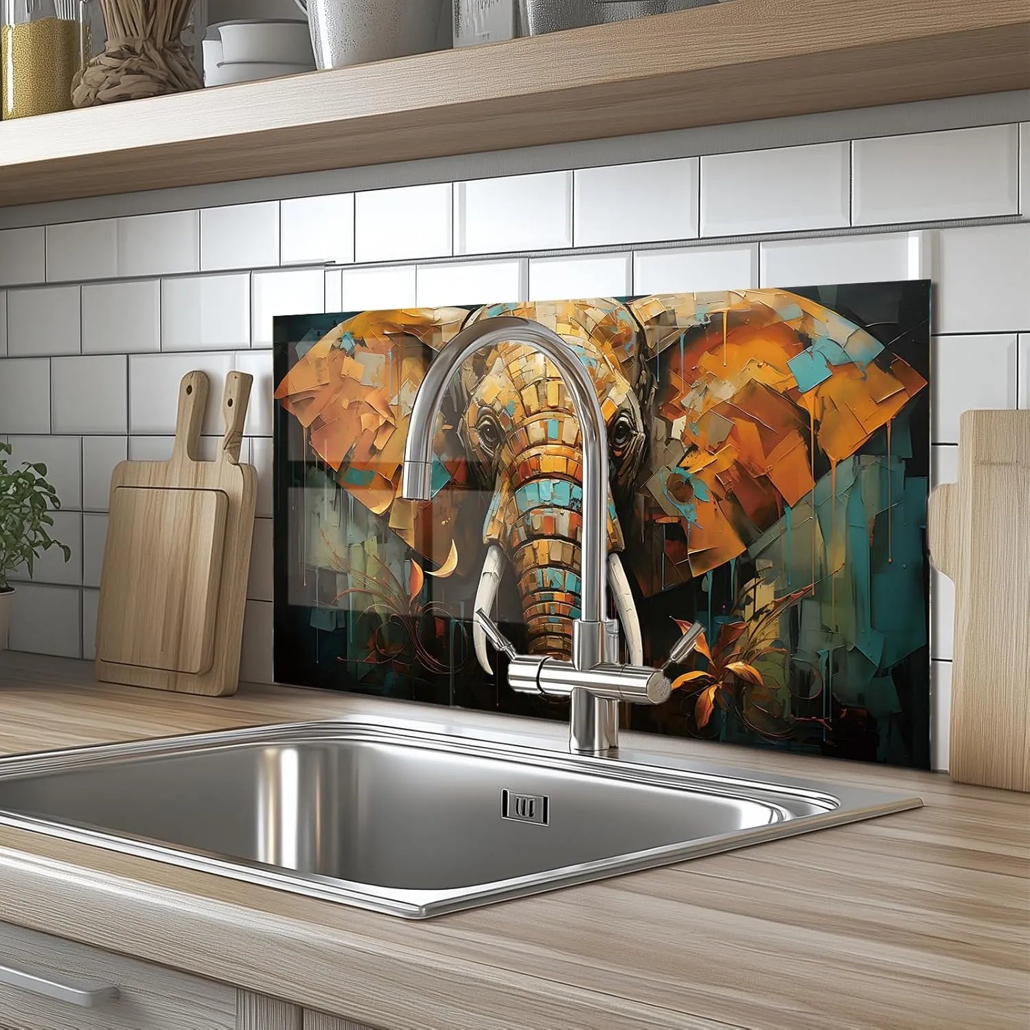 Elephant tempered glass backsplash behind kitchen sink with modern faucet