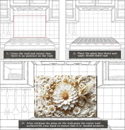 3D Platinum Flowers & Birds Tempered Glass Kitchen Backsplash Installation Guide: Clean Wall, Apply Tape, Press Firmly