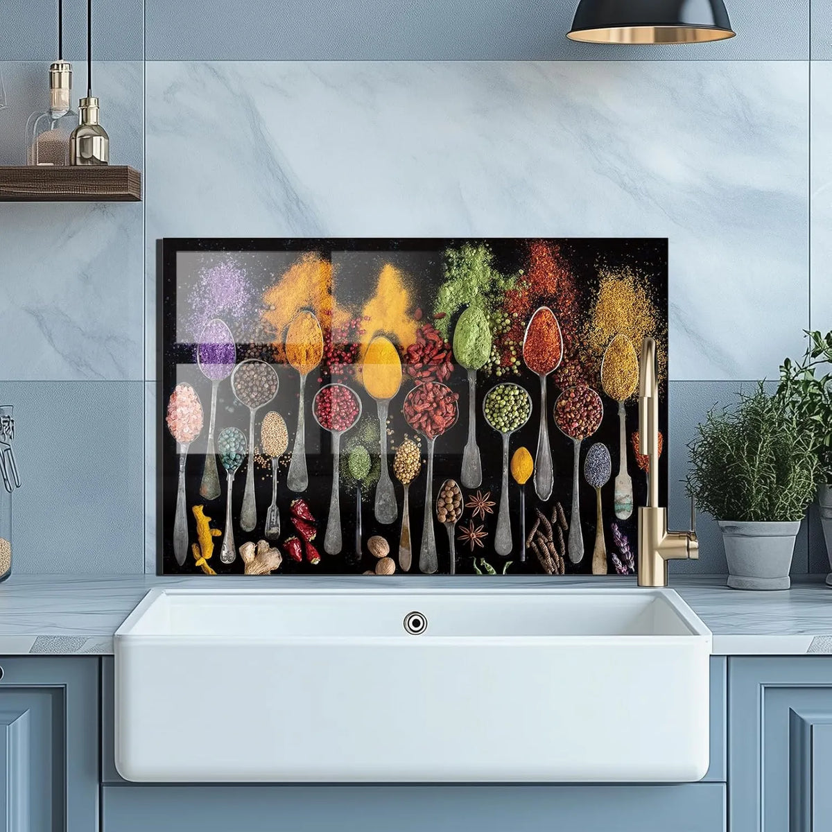 Spice-inspired tempered glass backsplash for kitchen sink area