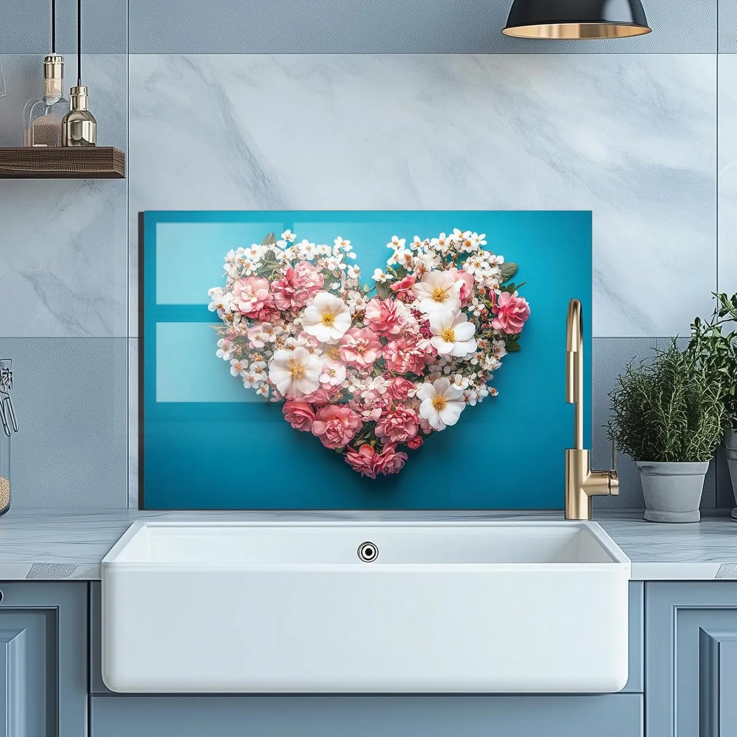 Heart-Shaped Floral Bouquet Tempered Glass Kitchen Sink Backsplash