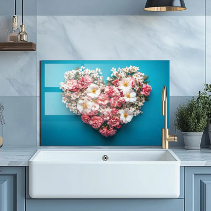 Heart-Shaped Floral Bouquet Tempered Glass Kitchen Sink Backsplash