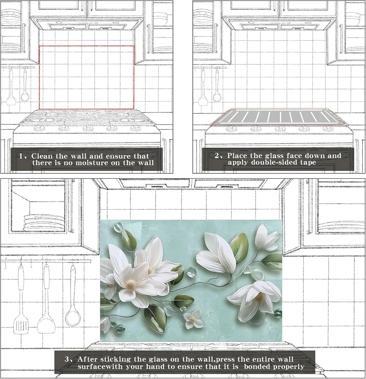 3D Flower Tempered Glass Backsplash Easy Installation Steps Guide