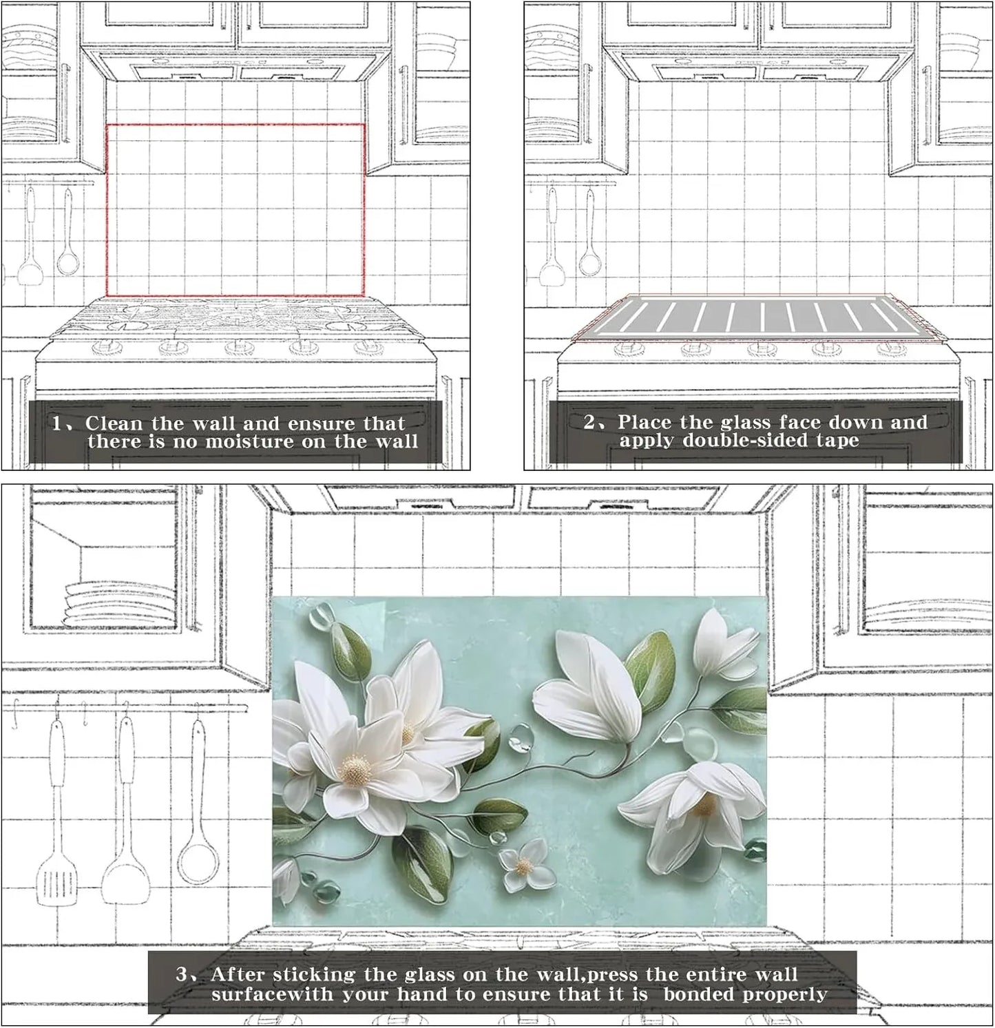 3D Flower Tempered Glass Backsplash Easy Installation Steps Guide