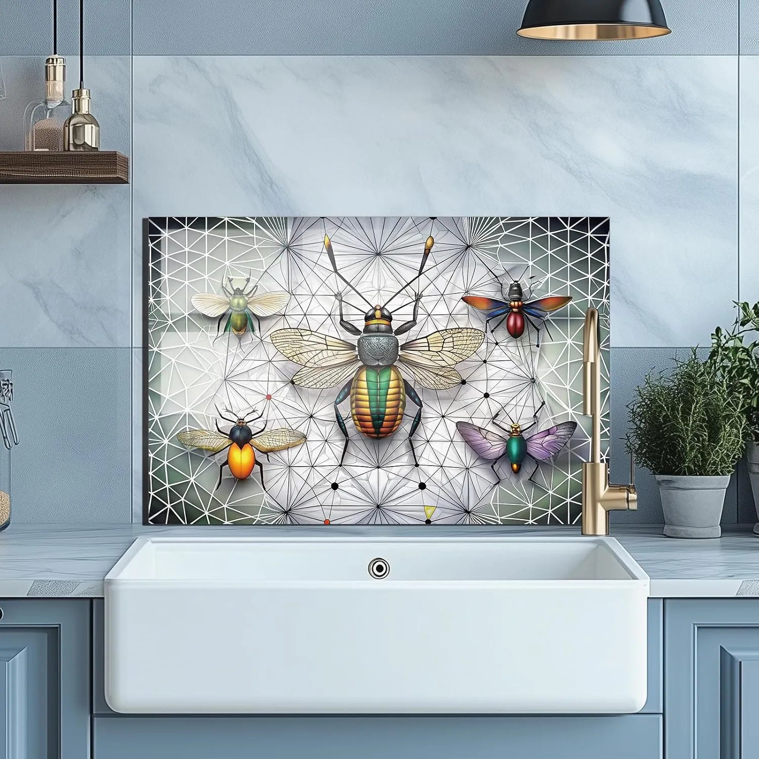 Colorful fireflies tempered glass kitchen backsplash by sink area