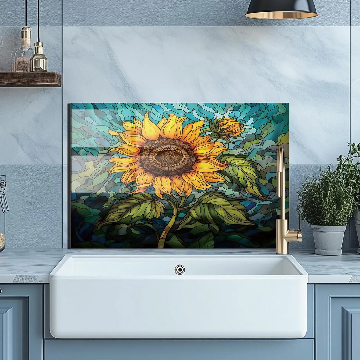 Sunflower tempered glass kitchen backsplash above farmhouse sink