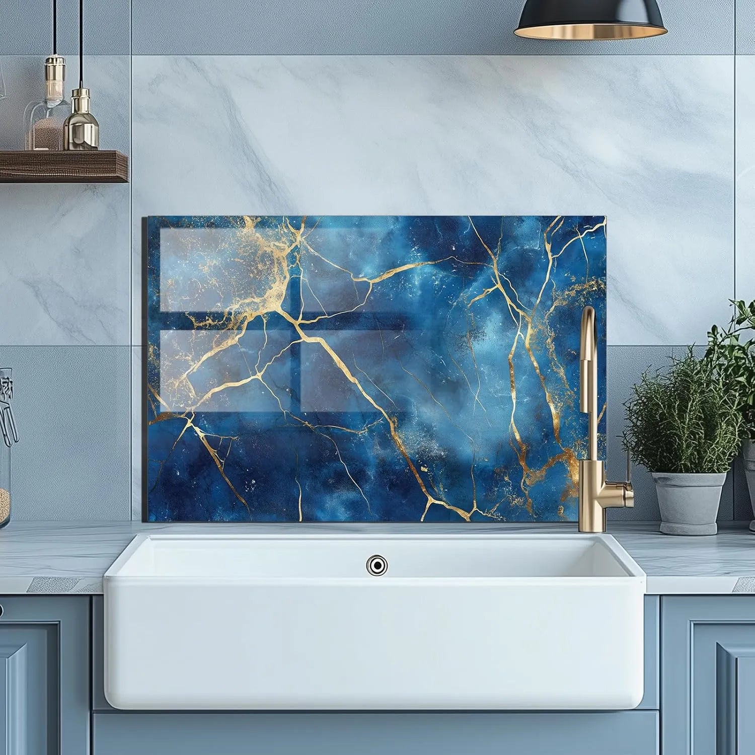 Blue Gold Abstract Tempered Glass Kitchen Backsplash Modern Design