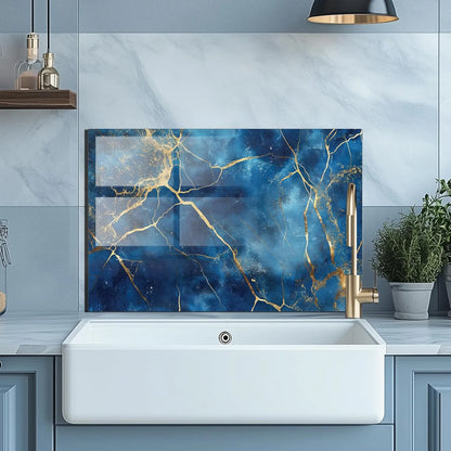 Blue Gold Abstract Tempered Glass Kitchen Backsplash Modern Design
