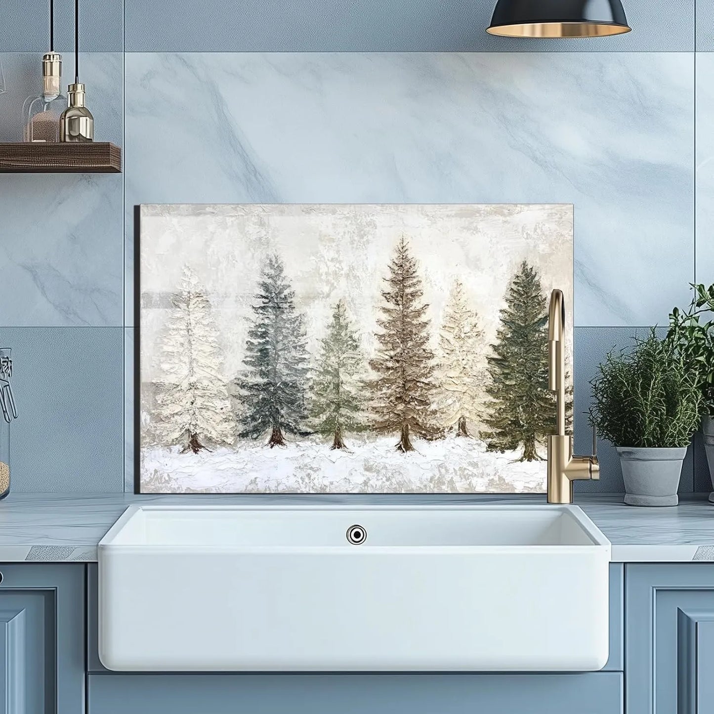 Snow Scene Tempered Glass Backsplash Behind Farmhouse Sink
