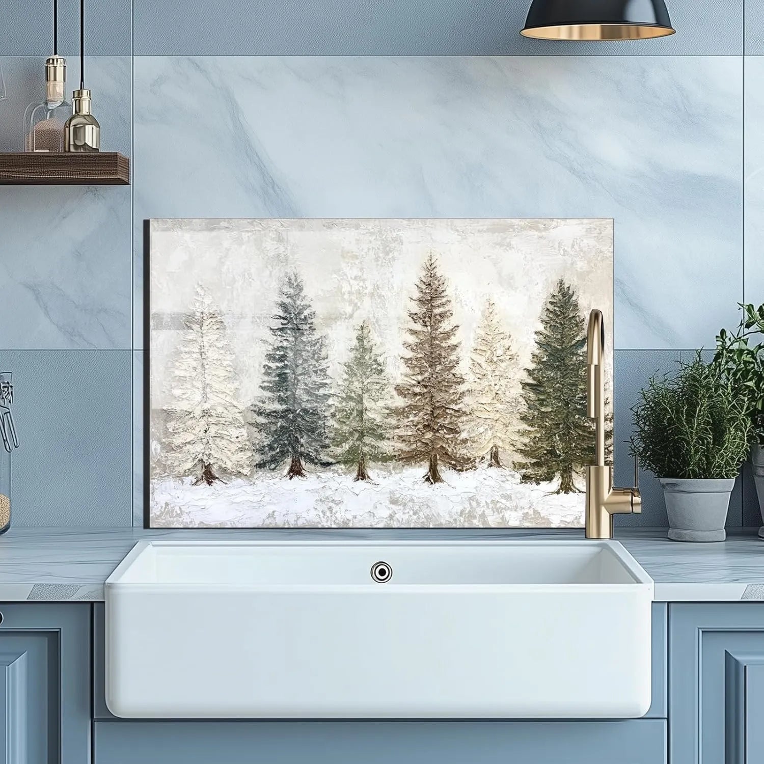 Snow Scene Tempered Glass Backsplash Behind Farmhouse Sink