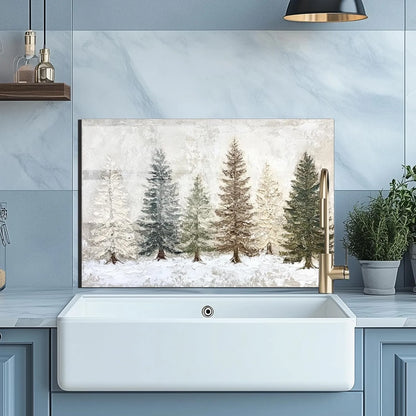 Snow Scene Tempered Glass Backsplash Behind Farmhouse Sink