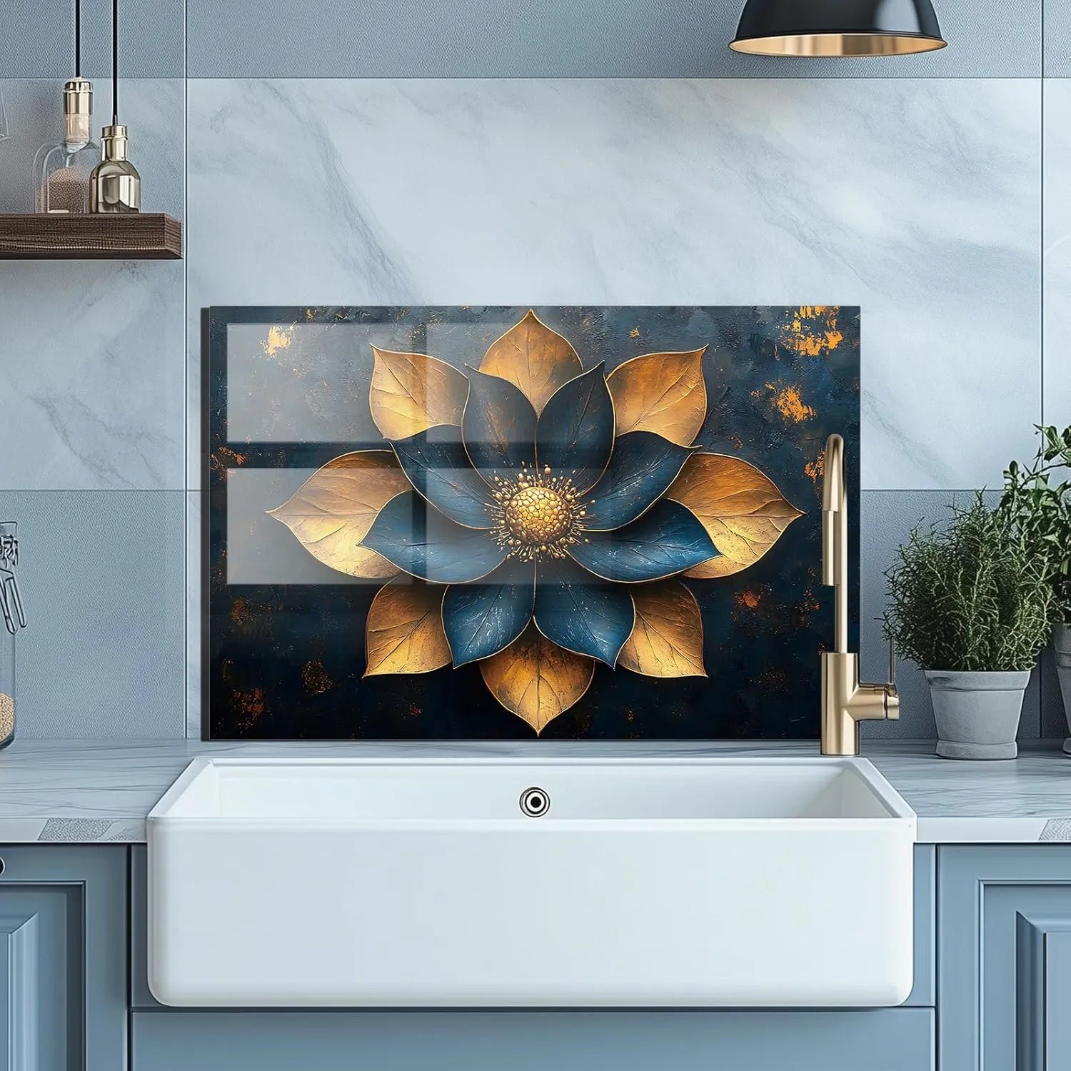 Blue Golden Flowers Tempered Glass Kitchen Backsplash Installed Above Sink