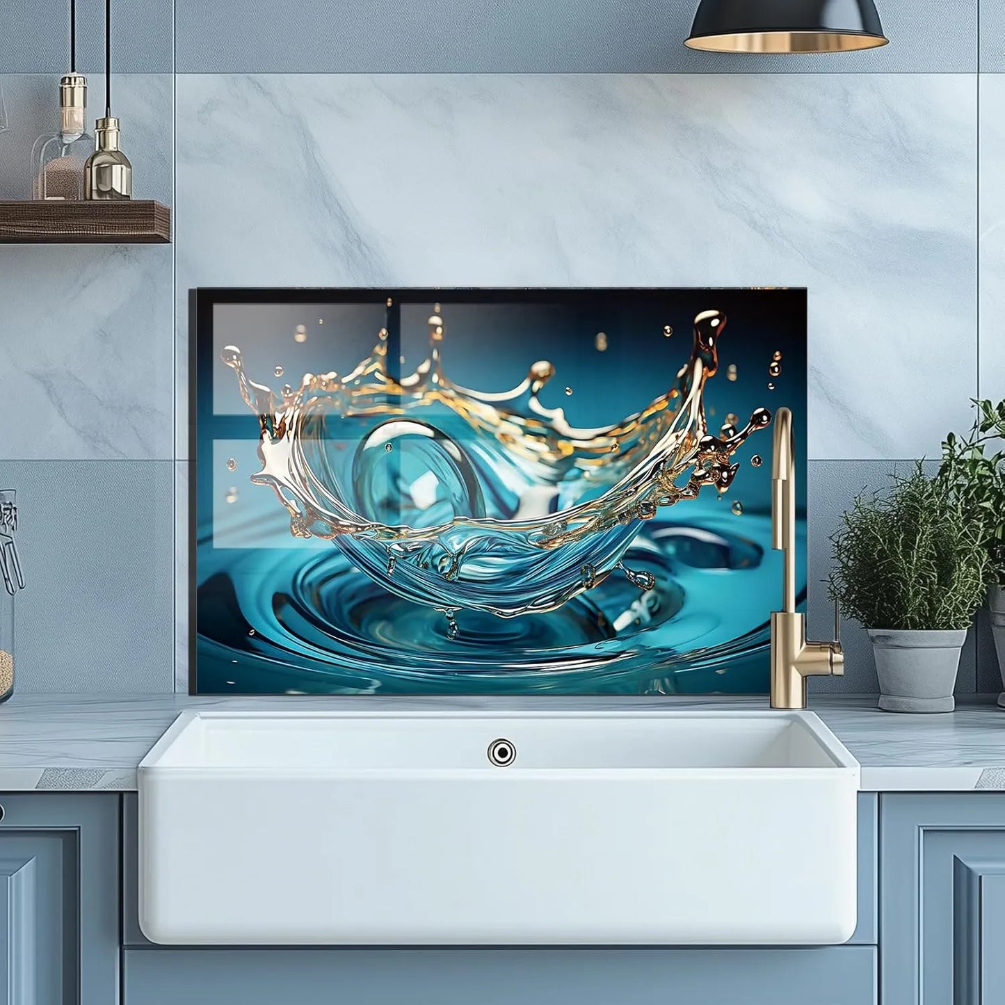 Water - Tempered Glass Backsplash for Kitchen