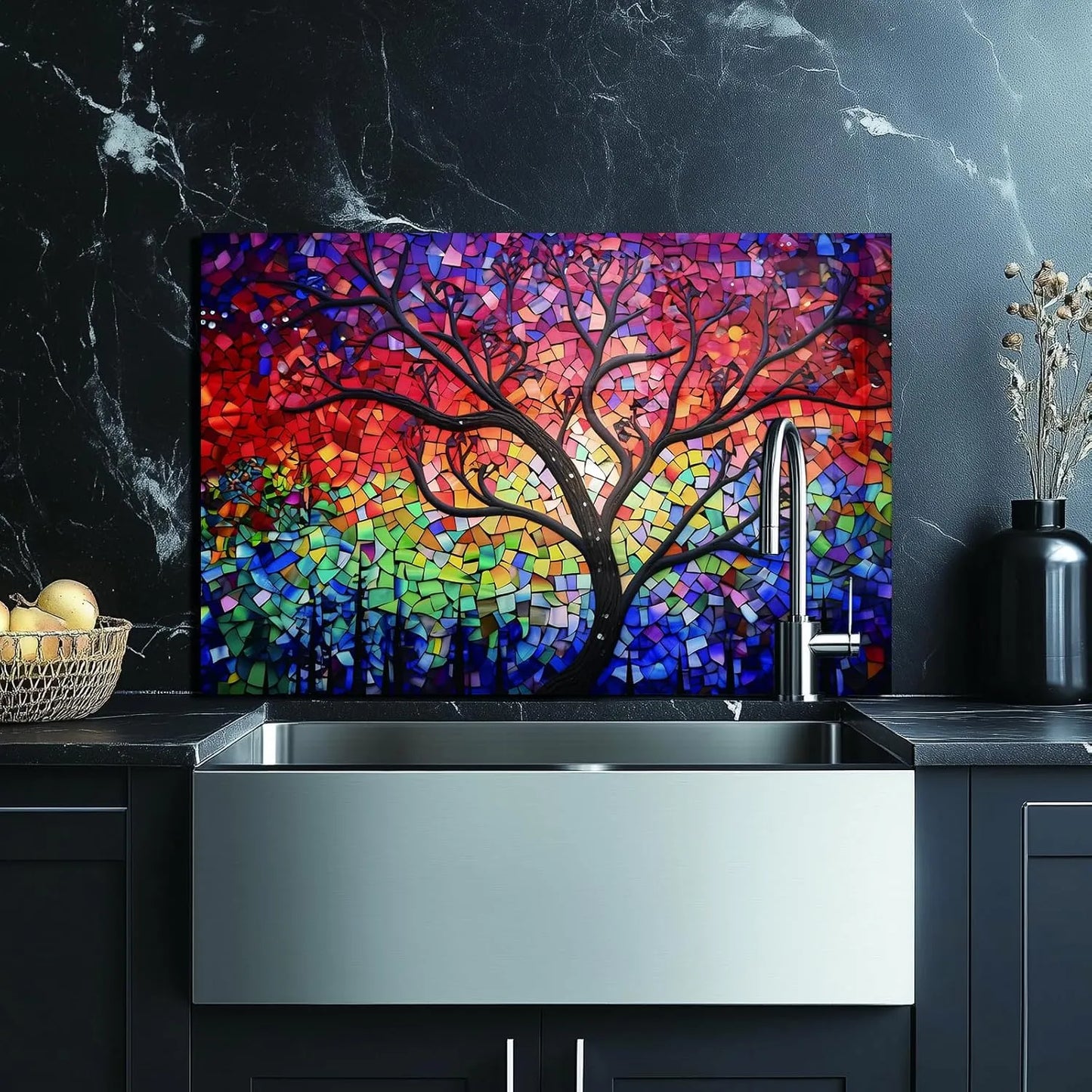 Sun Tree Glass Backsplash Mosaic Tree Design Above Kitchen Sink
