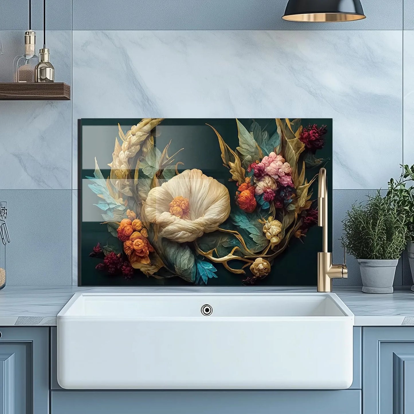 Colorful flowers tempered glass kitchen backsplash over farmhouse sink unique zone
