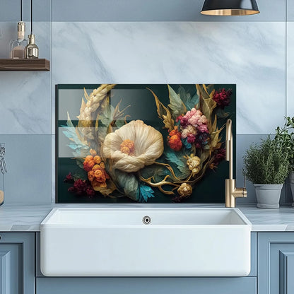 Colorful flowers tempered glass kitchen backsplash over farmhouse sink unique zone