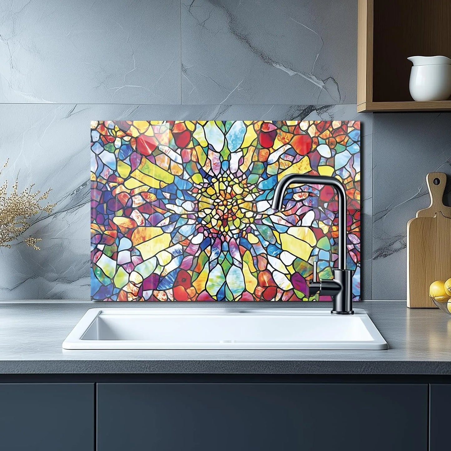 Tempered glass mosaic abstract backsplash above kitchen sink - artistic colorful panel