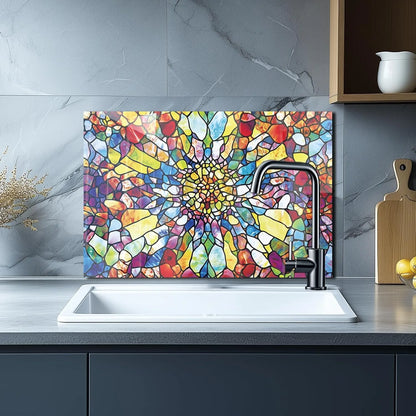 Tempered glass mosaic abstract backsplash above kitchen sink - artistic colorful panel