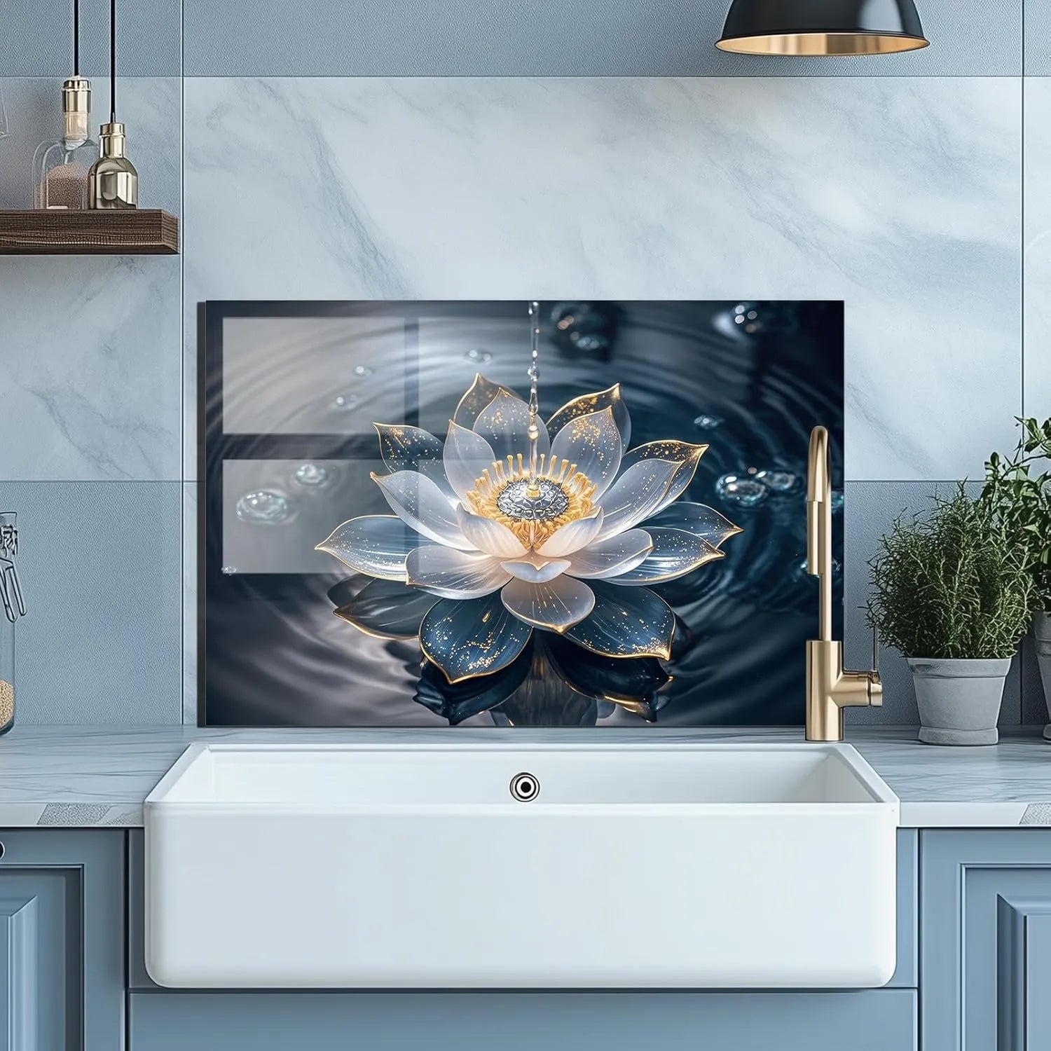 Lotus flower tempered glass kitchen backsplash, chic waterproof wall panel for sink areas