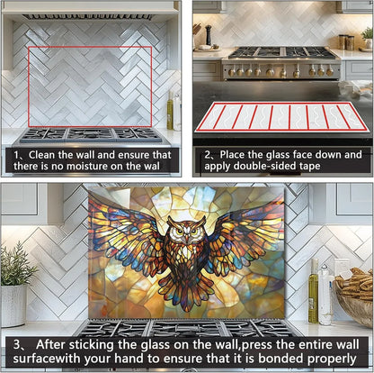 Tempered Glass Owl Backsplash Installation Steps - Clean Wall, Apply Tape, Press Firmly