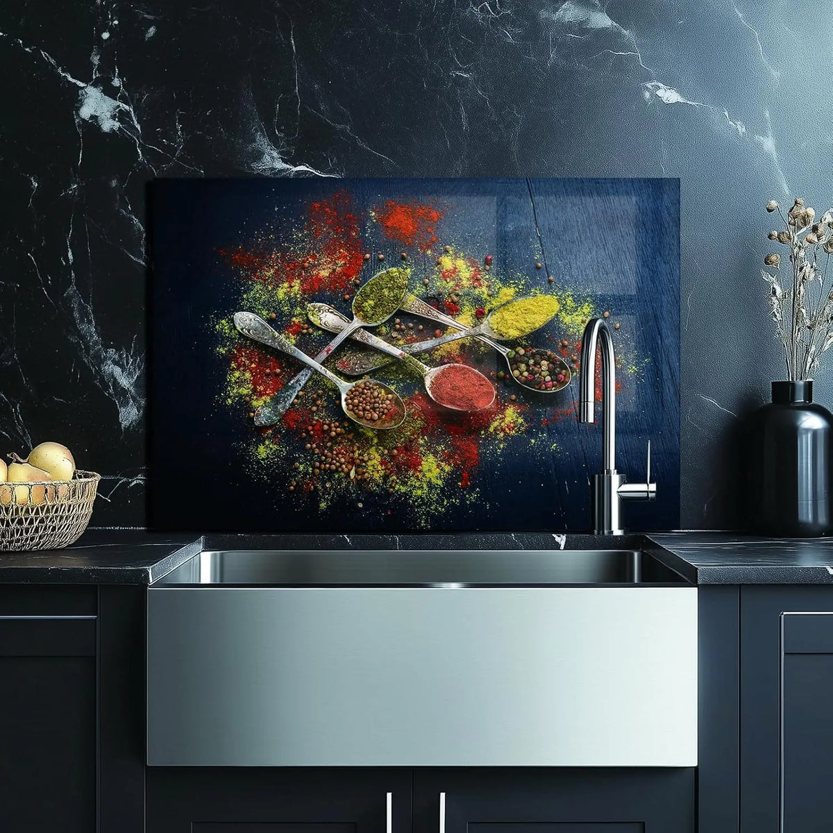 Spice Tempered Glass Kitchen Backsplash by Sink - Colorful Spices and Spoons
