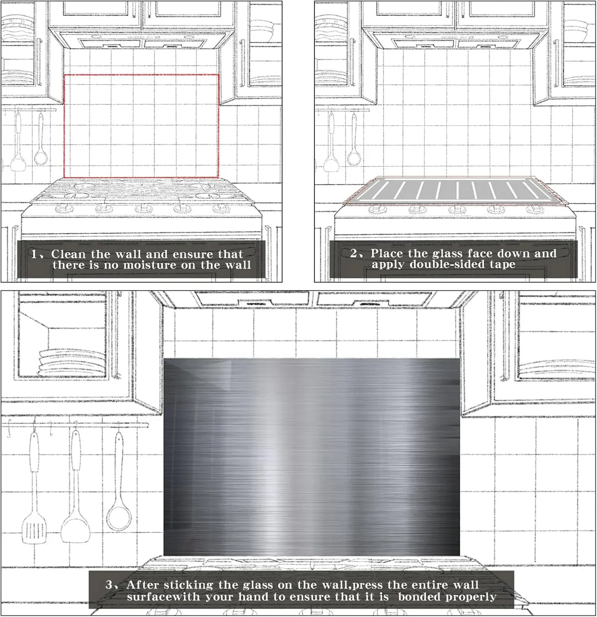 Installation steps for silver tempered glass kitchen backsplash