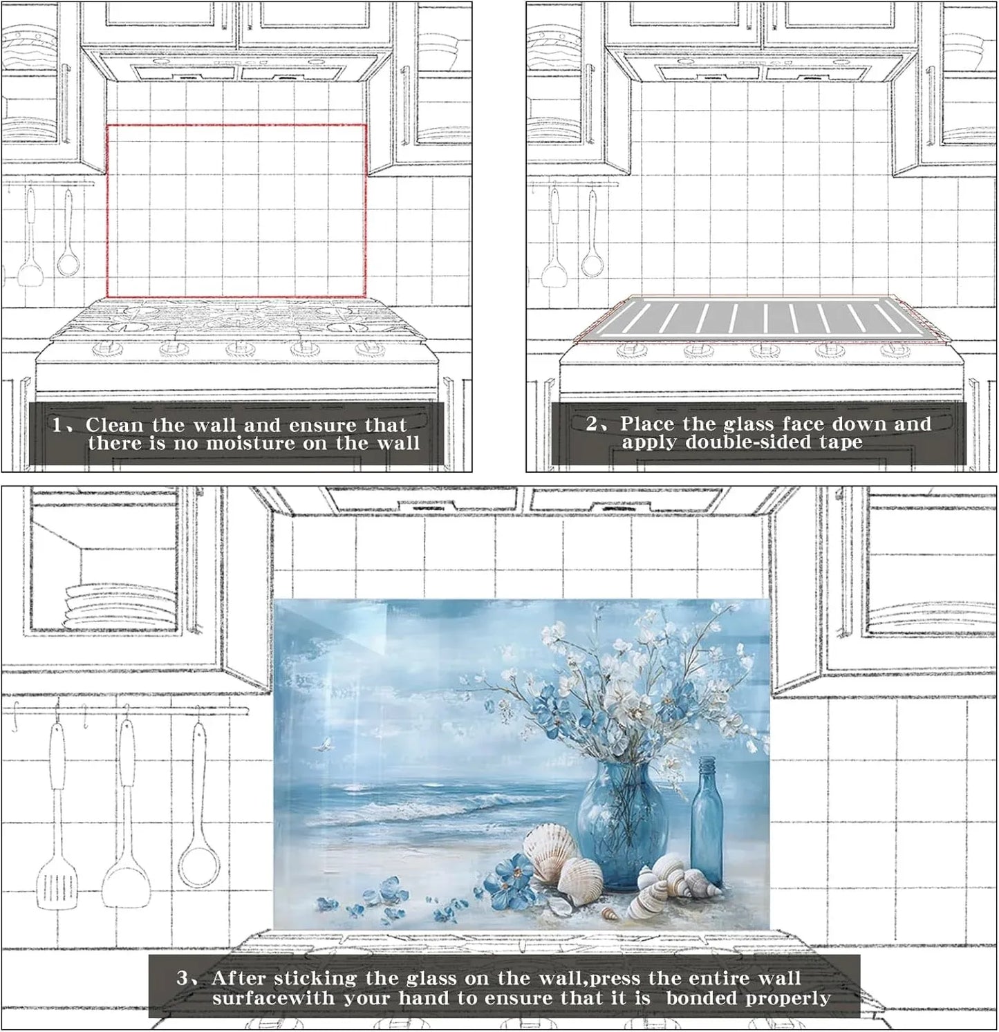 Blue beach scene tempered glass kitchen backsplash behind stove, installation guide