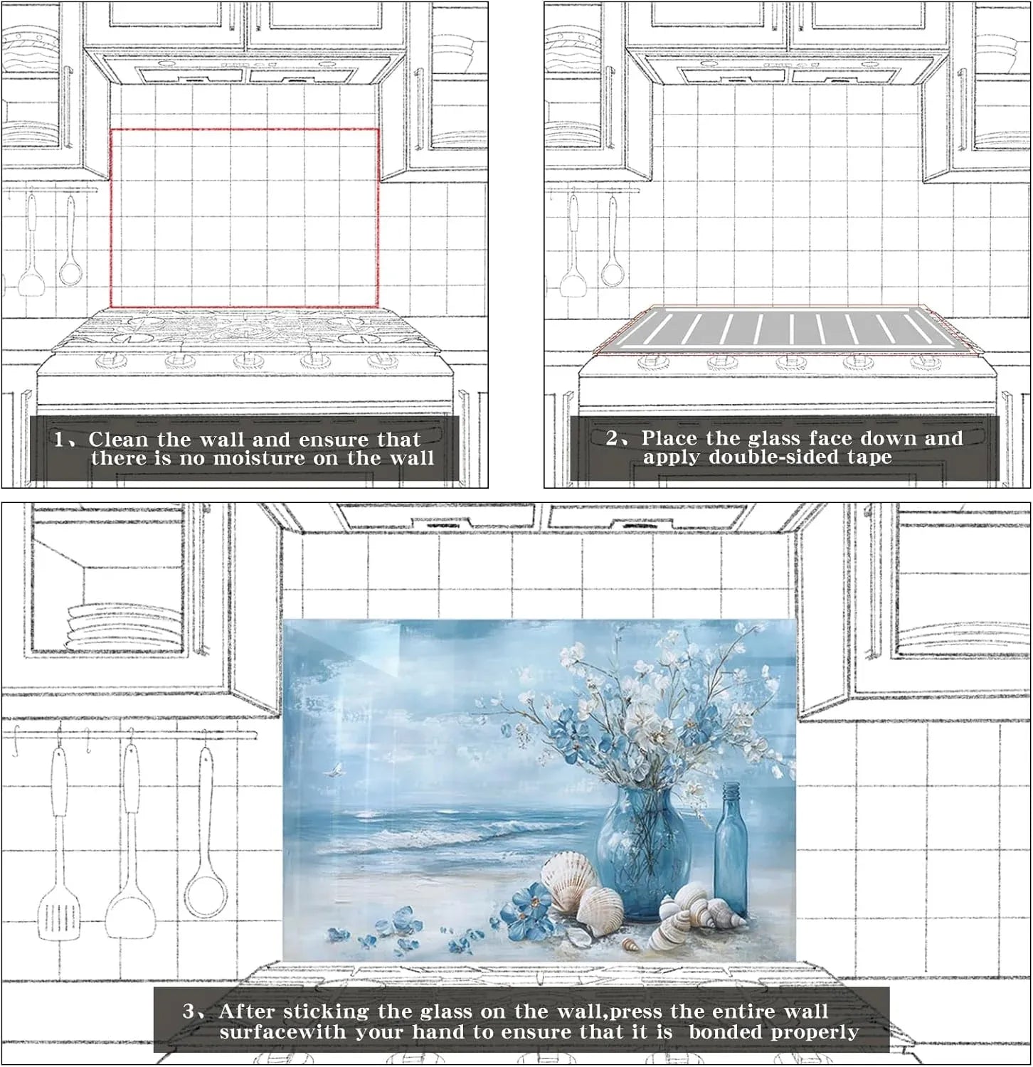 Blue beach scene tempered glass kitchen backsplash behind stove, installation guide