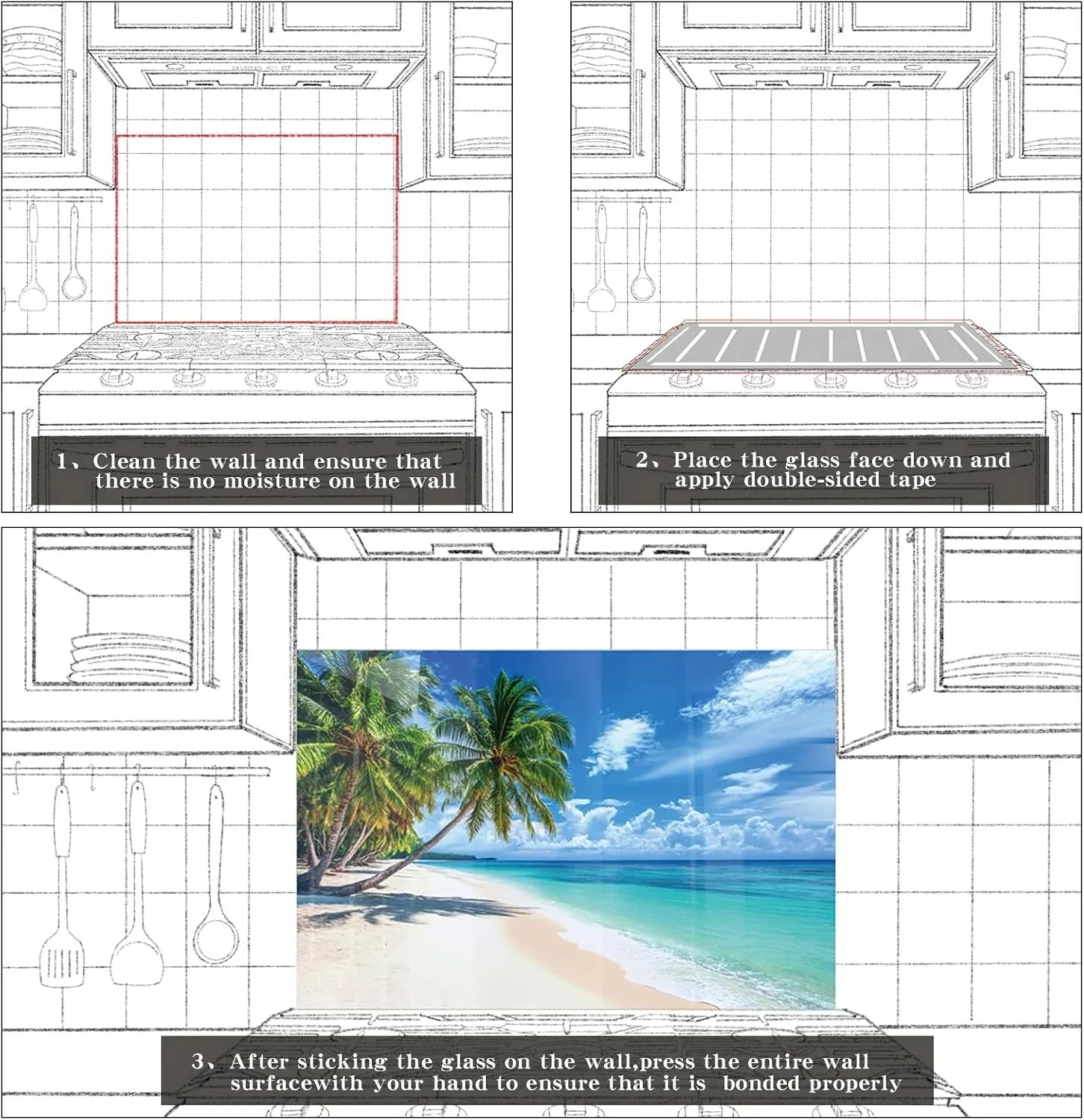 Installation guide for coconut trees beach scene tempered glass kitchen sink cover splash guard
