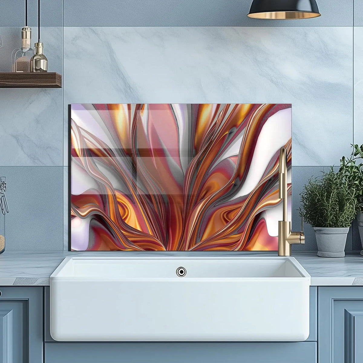 Textured tempered glass kitchen backsplash with abstract orange-red swirls over sink