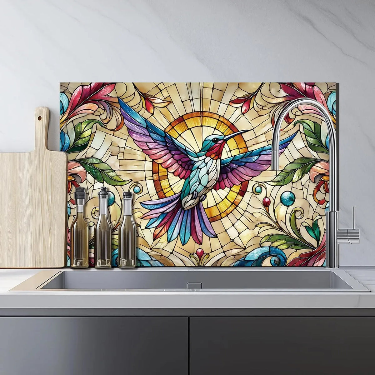 Colorful Hummingbird Tempered Glass Kitchen Backsplash Over Sink - Unique Zone
