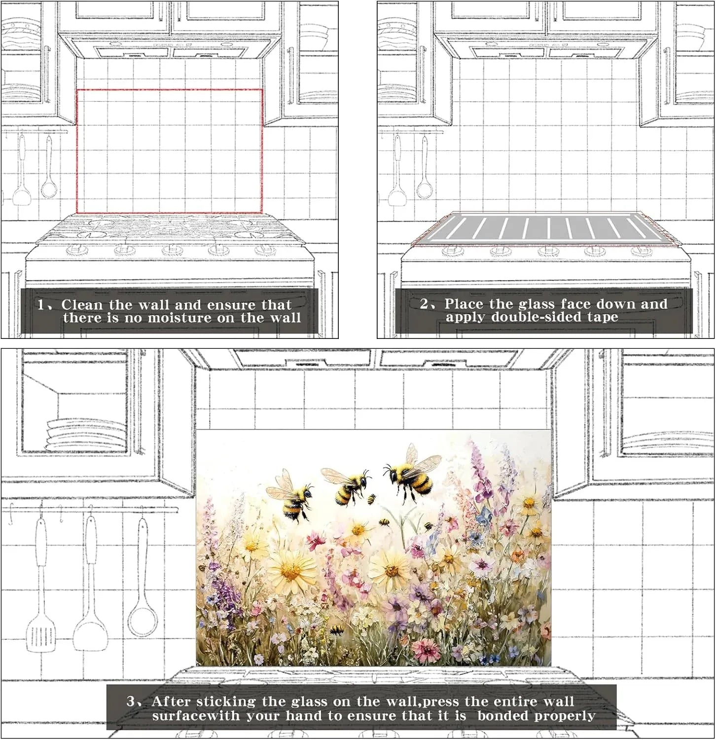 Bees in flowers tempered glass kitchen backsplash decorative wall panel