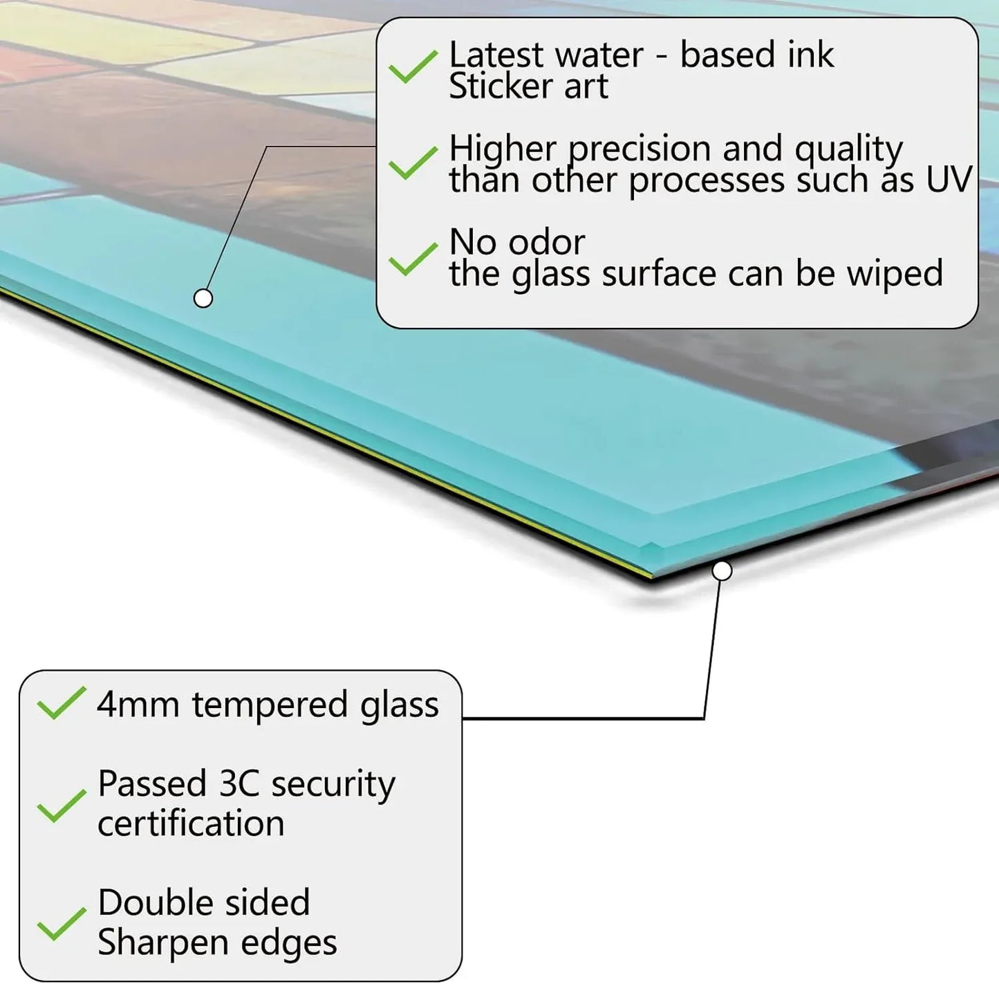 Tempered glass kitchen backsplash technical specs 4mm thickness water-based ink