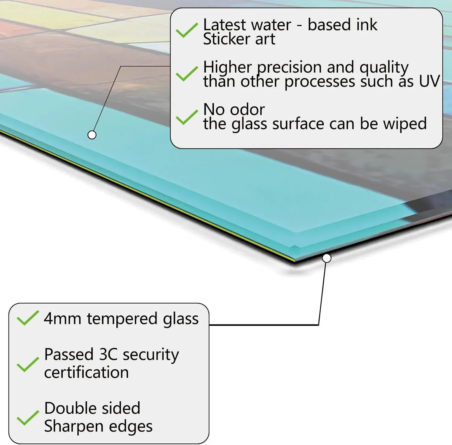 Tempered glass kitchen backsplash technical specs 4mm thickness water-based ink