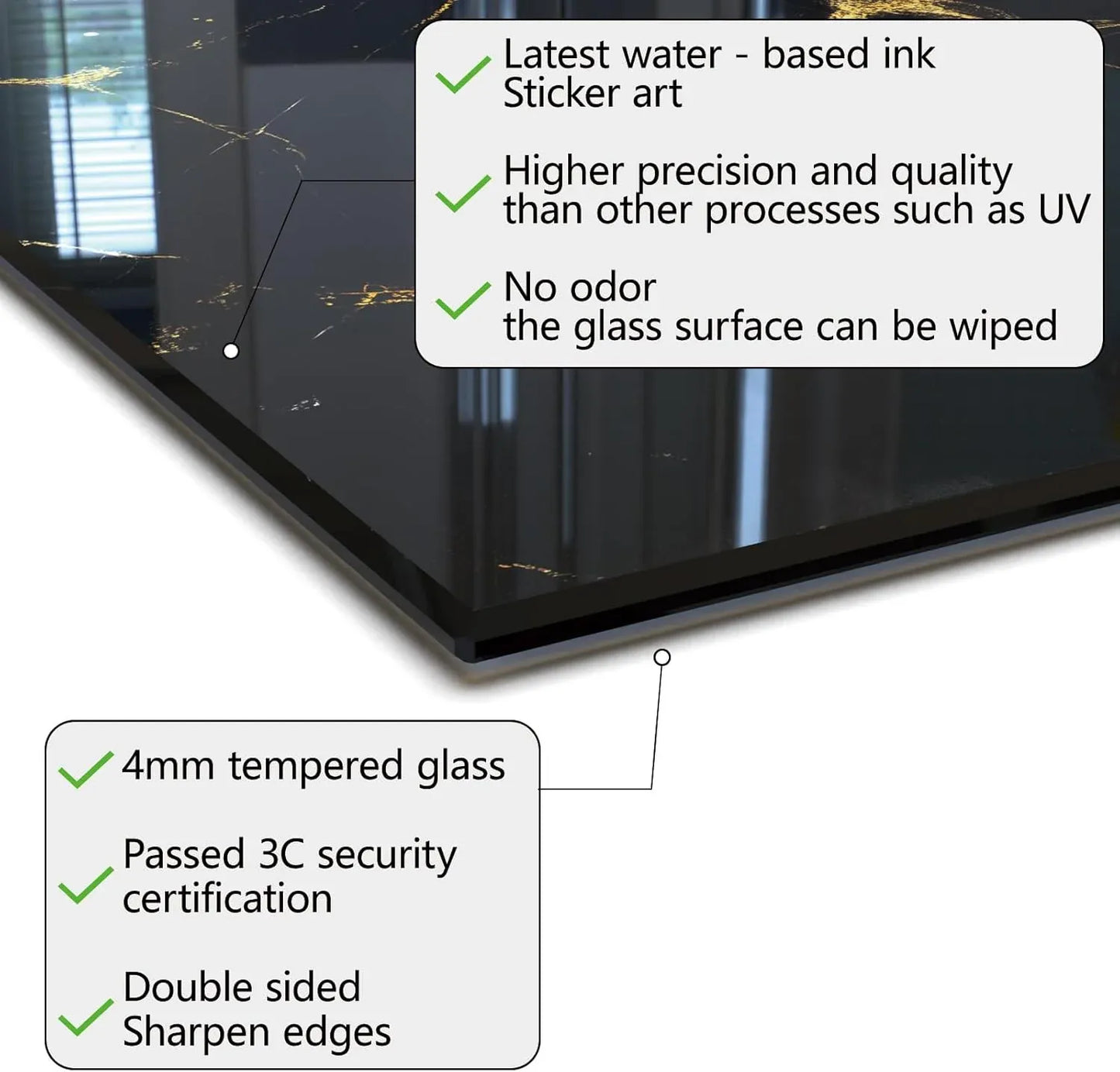 Tempered Glass Black Marbling Stove Backsplash - Product Details & Specifications