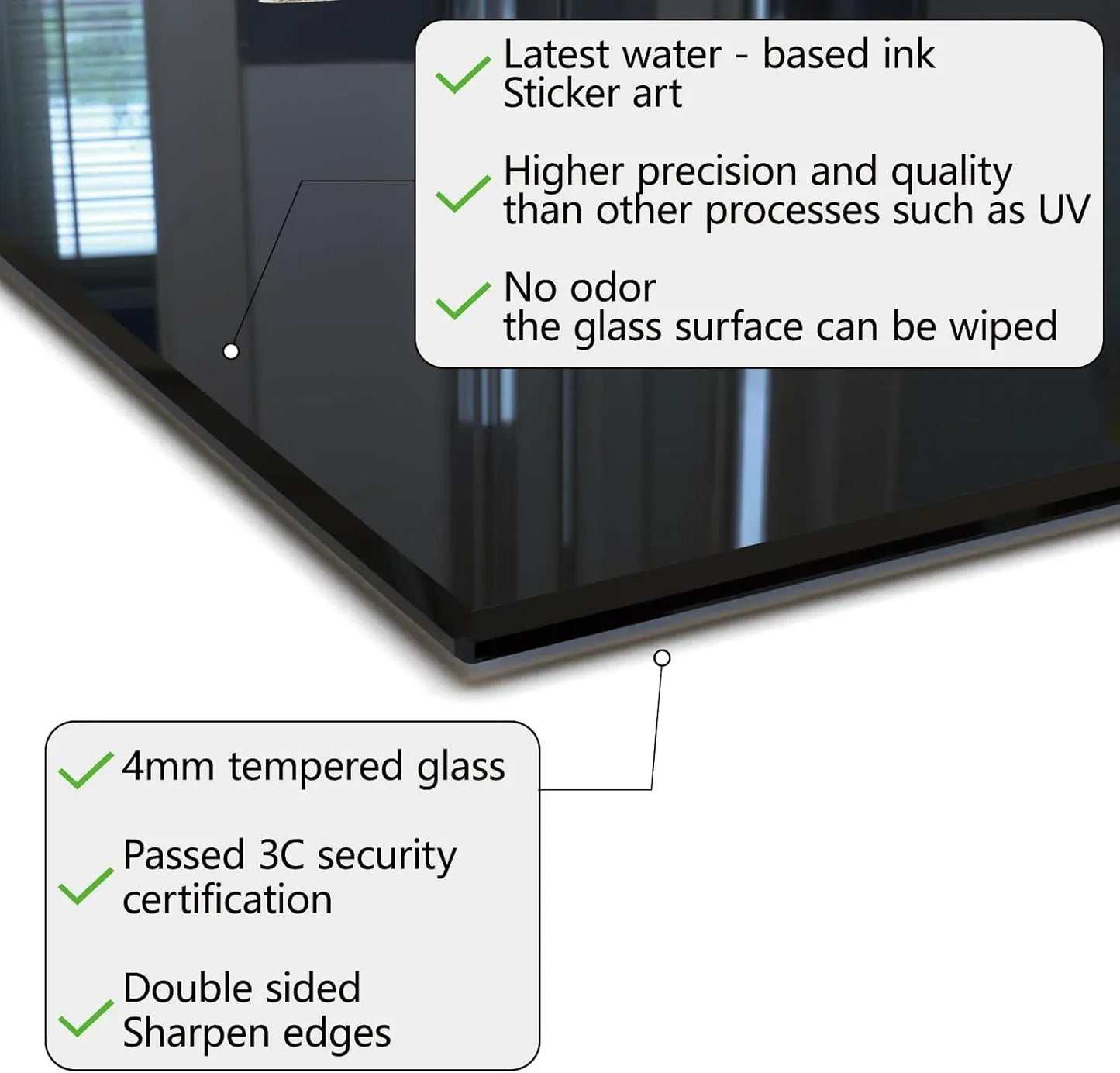 Tempered Glass Backsplash Features: 4mm thickness, water-based ink, easy clean surface