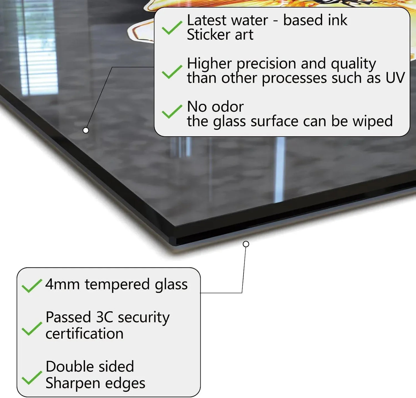 Tempered glass backsplash product features: 4mm thick, water-based ink, odor-free, easy to clean