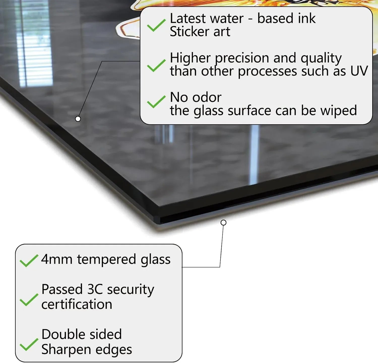 Tempered glass backsplash product features: 4mm thick, water-based ink, odor-free, easy to clean