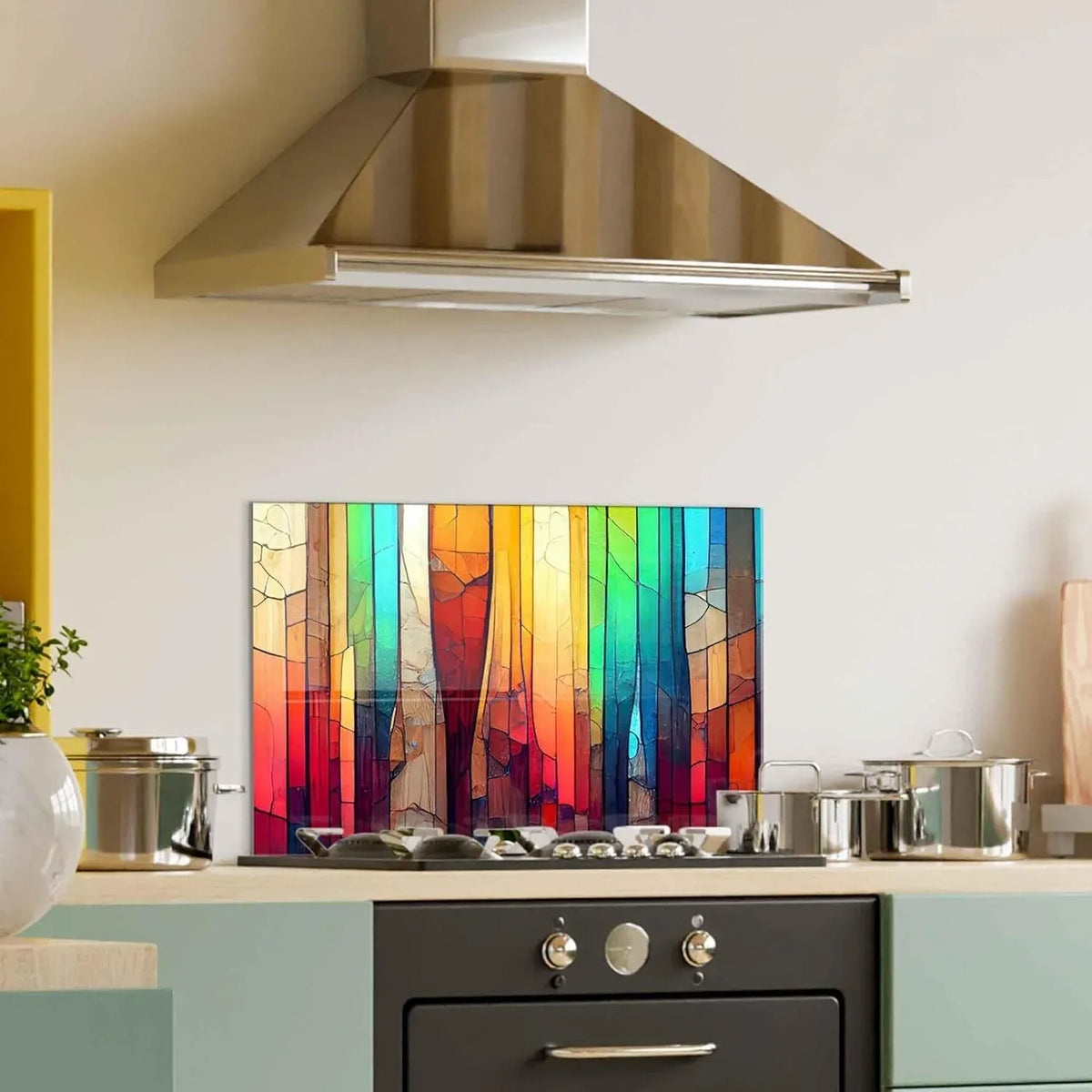 Colorful tempered glass kitchen backsplash with vibrant abstract design installed above stove