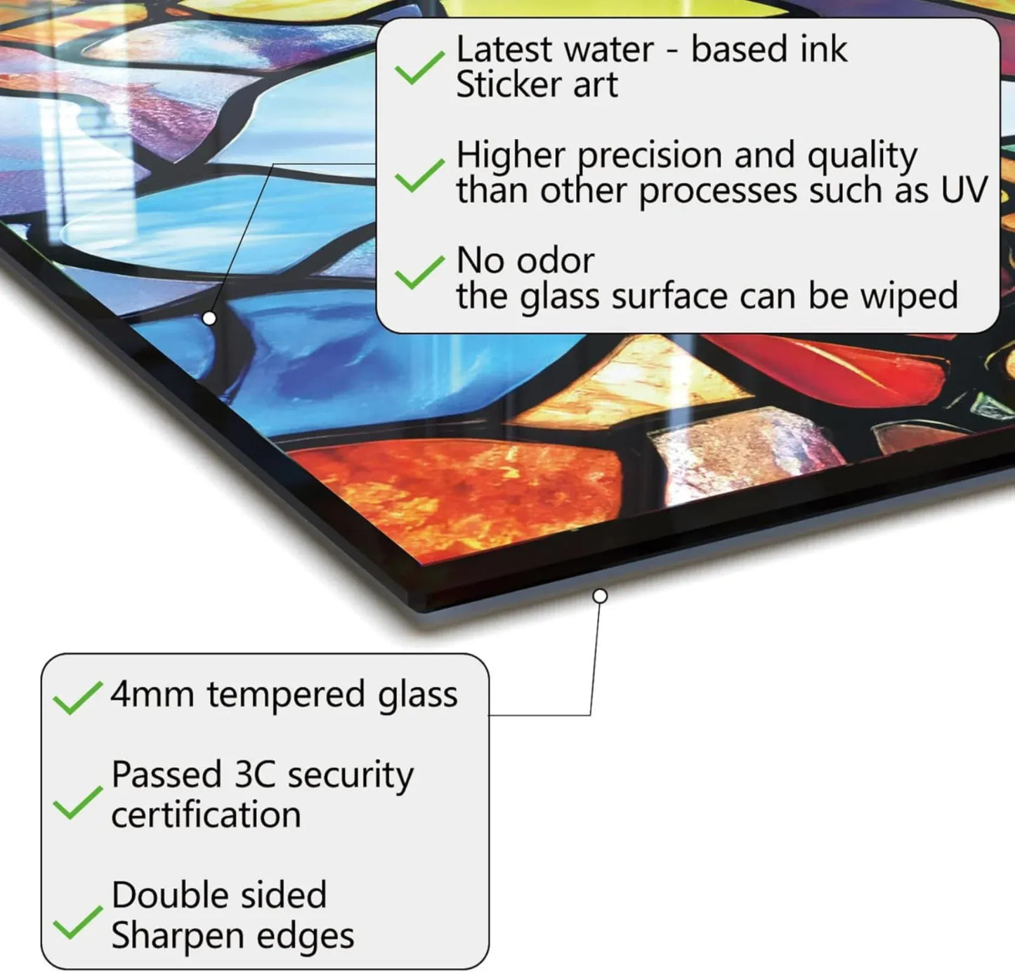 Tempered glass mosaic backsplash specifications - 4mm thick, water-based ink, easy maintenance