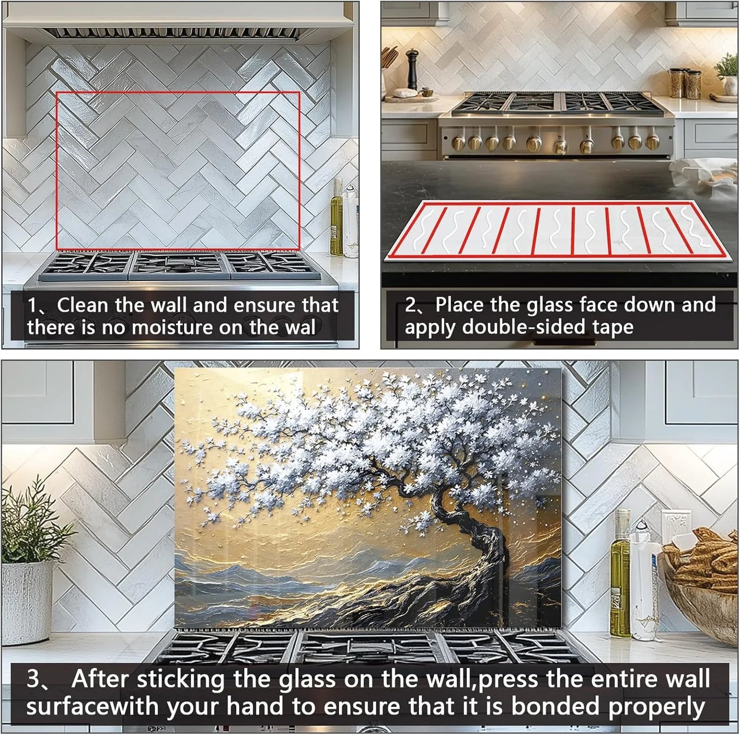 Gold and Silver Tree of Life Tempered Glass Backsplash Installation Guide - Clean Wall, Apply Tape, Press - Unique Zone