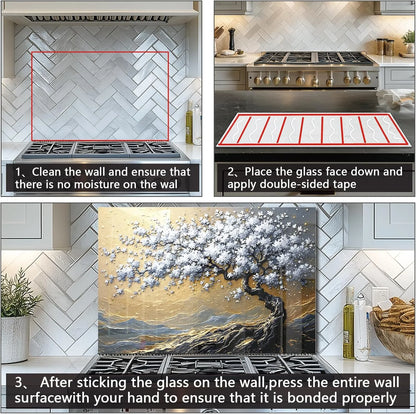 Gold and Silver Tree of Life Tempered Glass Backsplash Installation Guide - Clean Wall, Apply Tape, Press - Unique Zone
